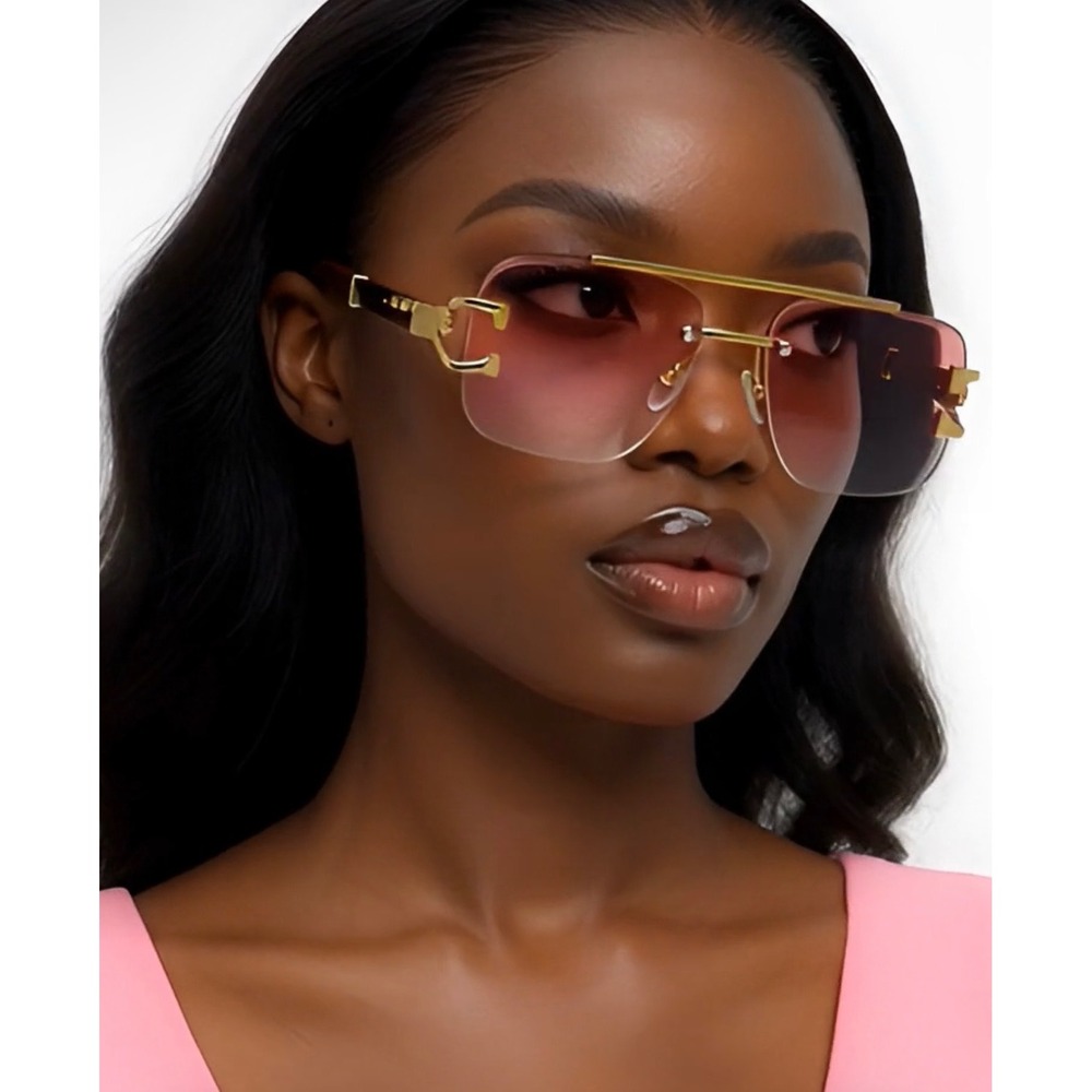 Pink Gradient Lens Sunglasses Women Flat Top Gold Bar Beach Style Modern Lentes